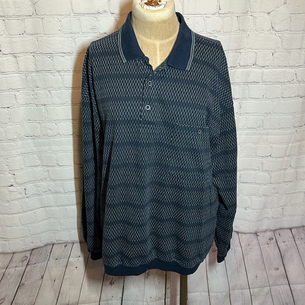 Safe Harbor Navy Blue Long Sleeve Polo Shirt Geometric Grandpacore Mens XL